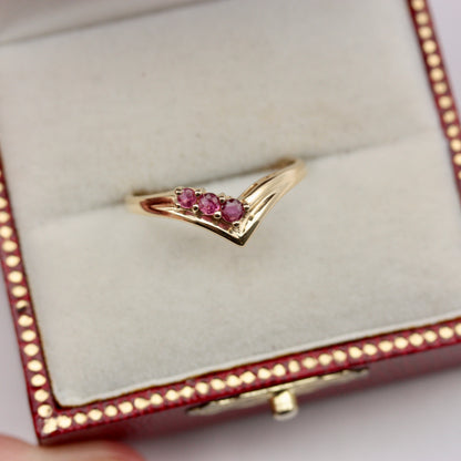 Vintage 9ct Gold Ruby Wishbone 3 Stone Ring, 1990s