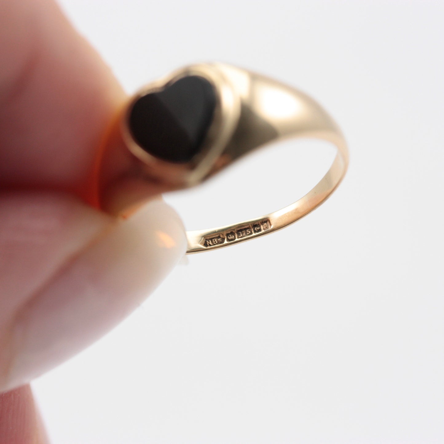 Vintage 9ct Gold + Black Onyx Heart Signet Ring, 1983
