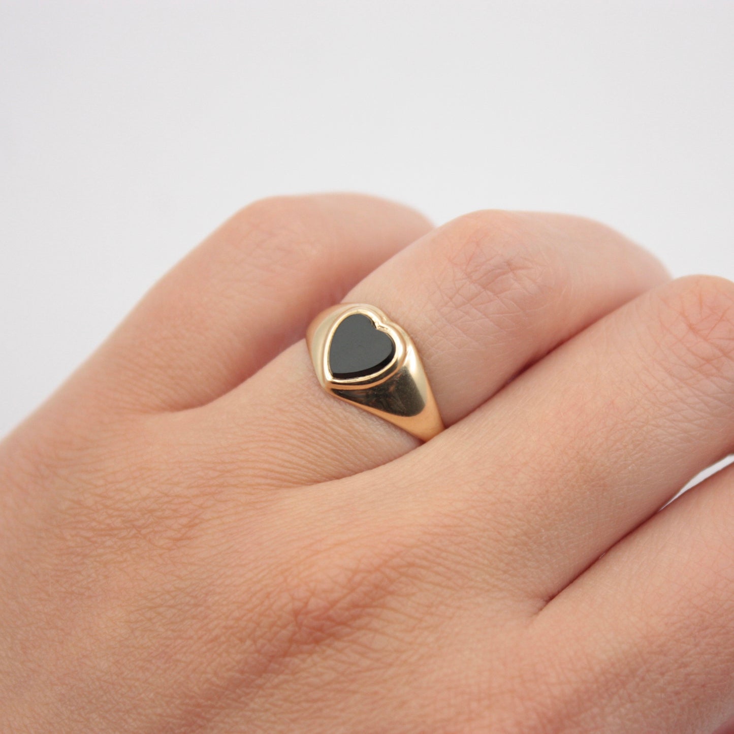 Vintage 9ct Gold + Black Onyx Heart Signet Ring, 1983