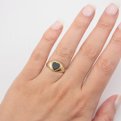 Vintage 9ct Gold + Black Onyx Heart Signet Ring, 1983