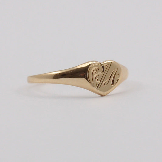 Vintage 9ct Gold Heart Signet Ring with Initial 'A', 1983