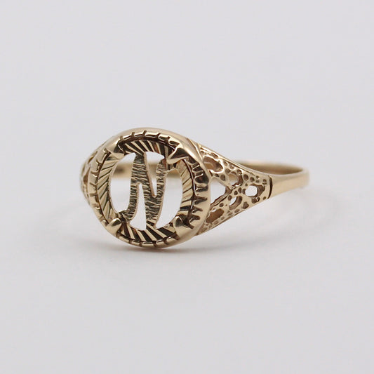 Vintage 9ct Gold Coin Style Letter 'N' Ring, 1993