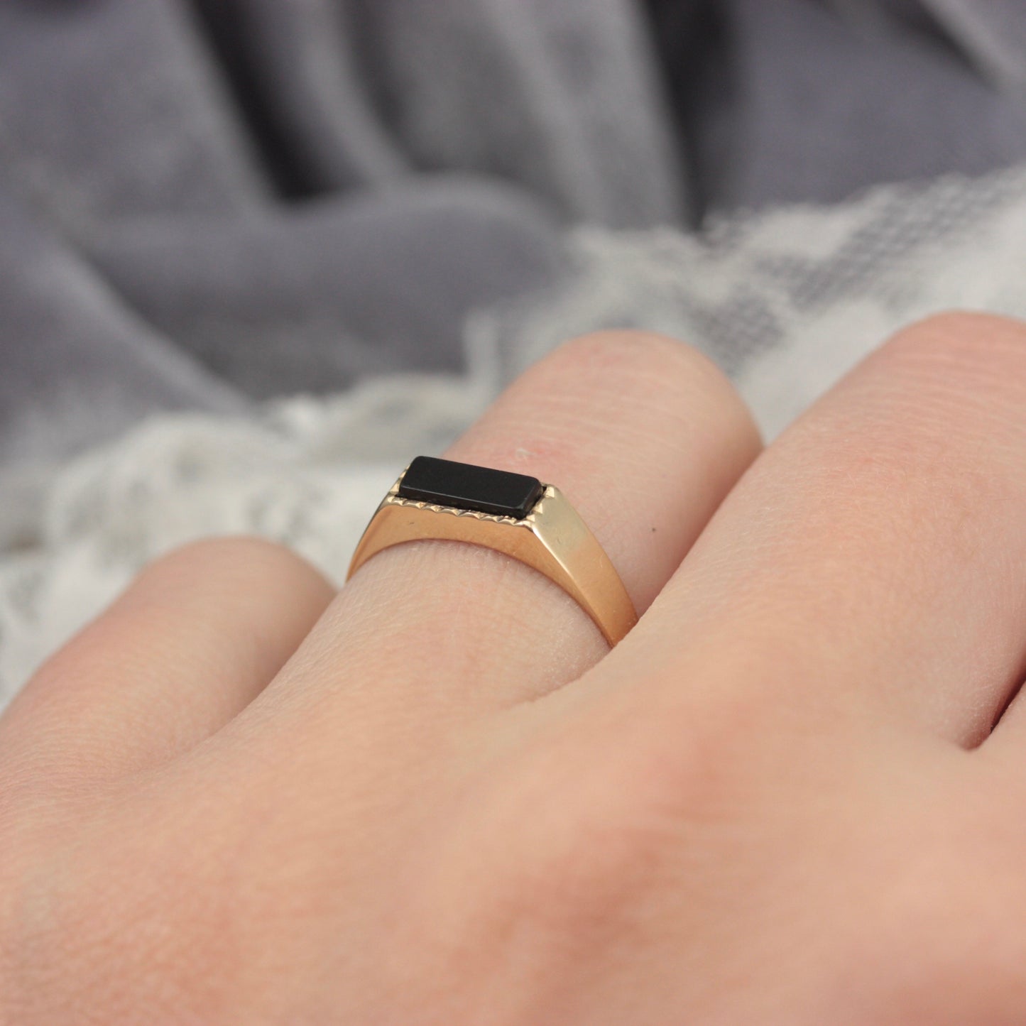Vintage 9ct Gold Onyx Bar Signet Ring, 1979