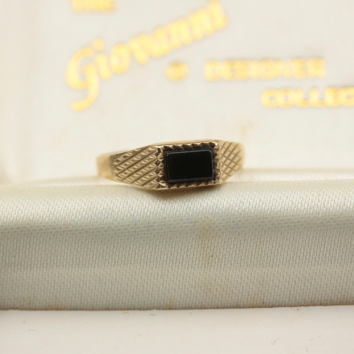 Vintage 9ct Gold Onyx Bar Textured Signet Ring, 1990
