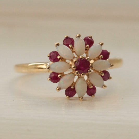 Pre-owned 9ct Gold Opal and Ruby Cluster Flower Ring, 2007