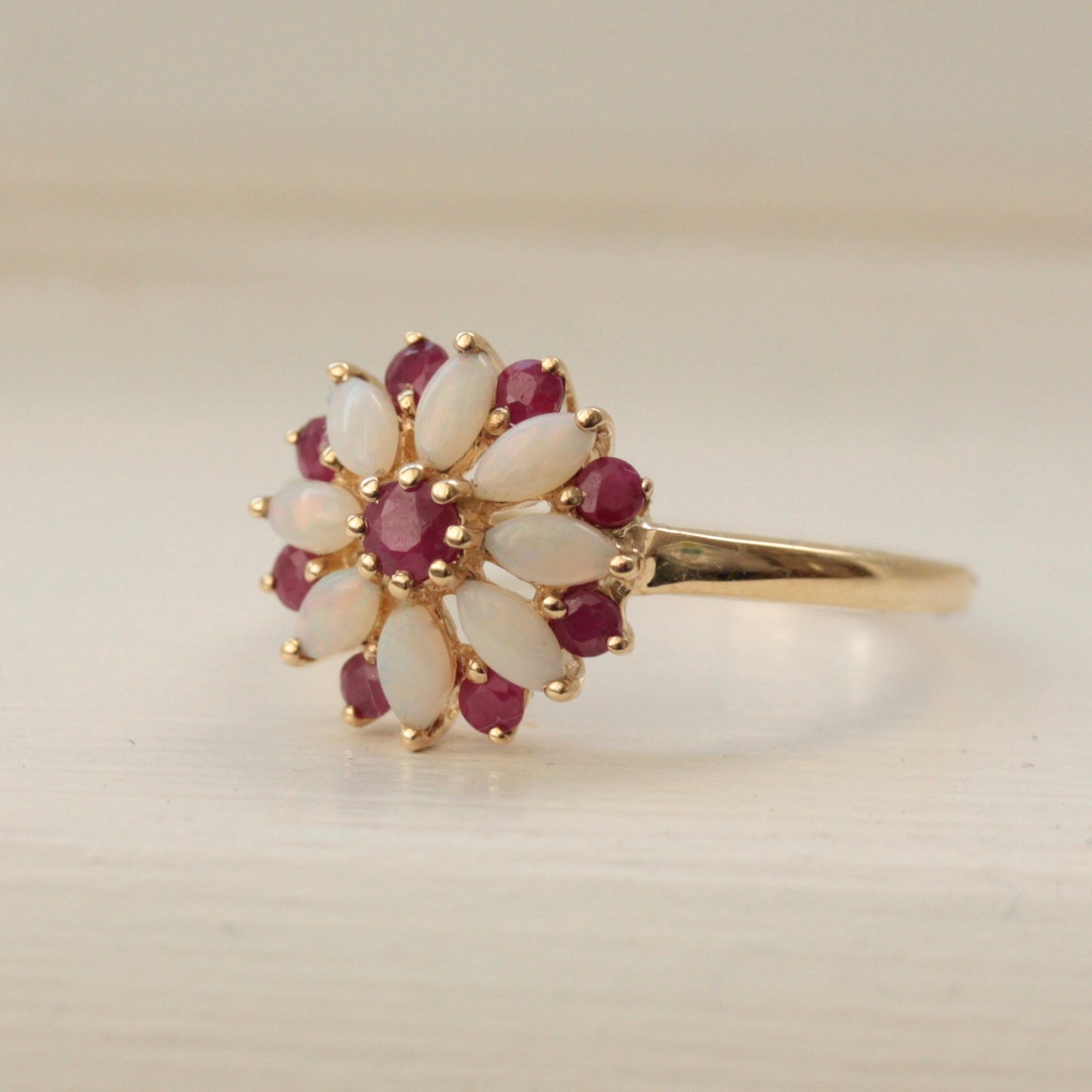 Pre-owned 9ct Gold Opal and Ruby Cluster Flower Ring, 2007