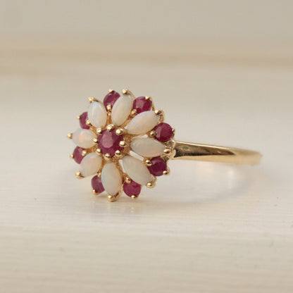 Pre-owned 9ct Gold Opal and Ruby Cluster Flower Ring, 2007