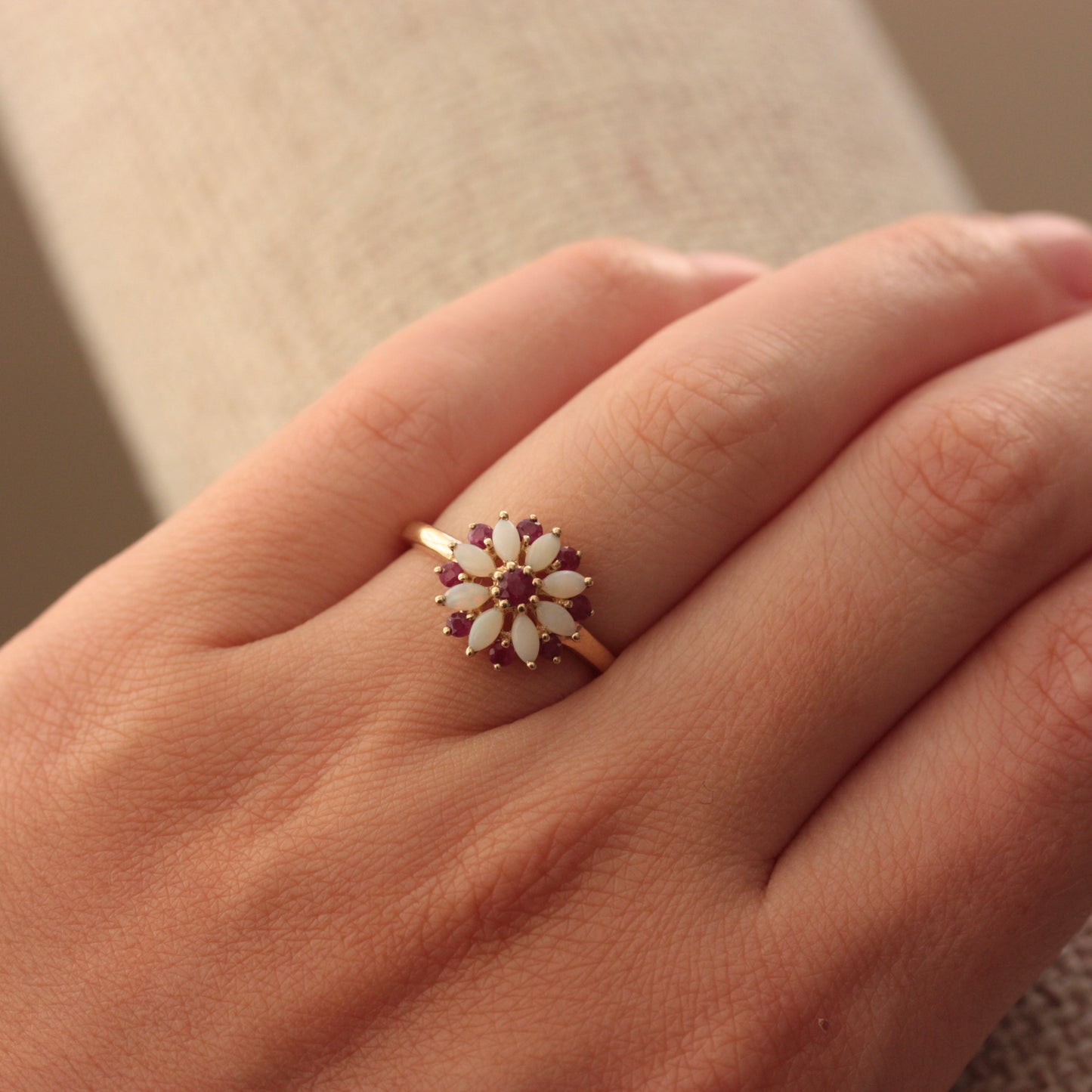 Pre-owned 9ct Gold Opal and Ruby Cluster Flower Ring, 2007