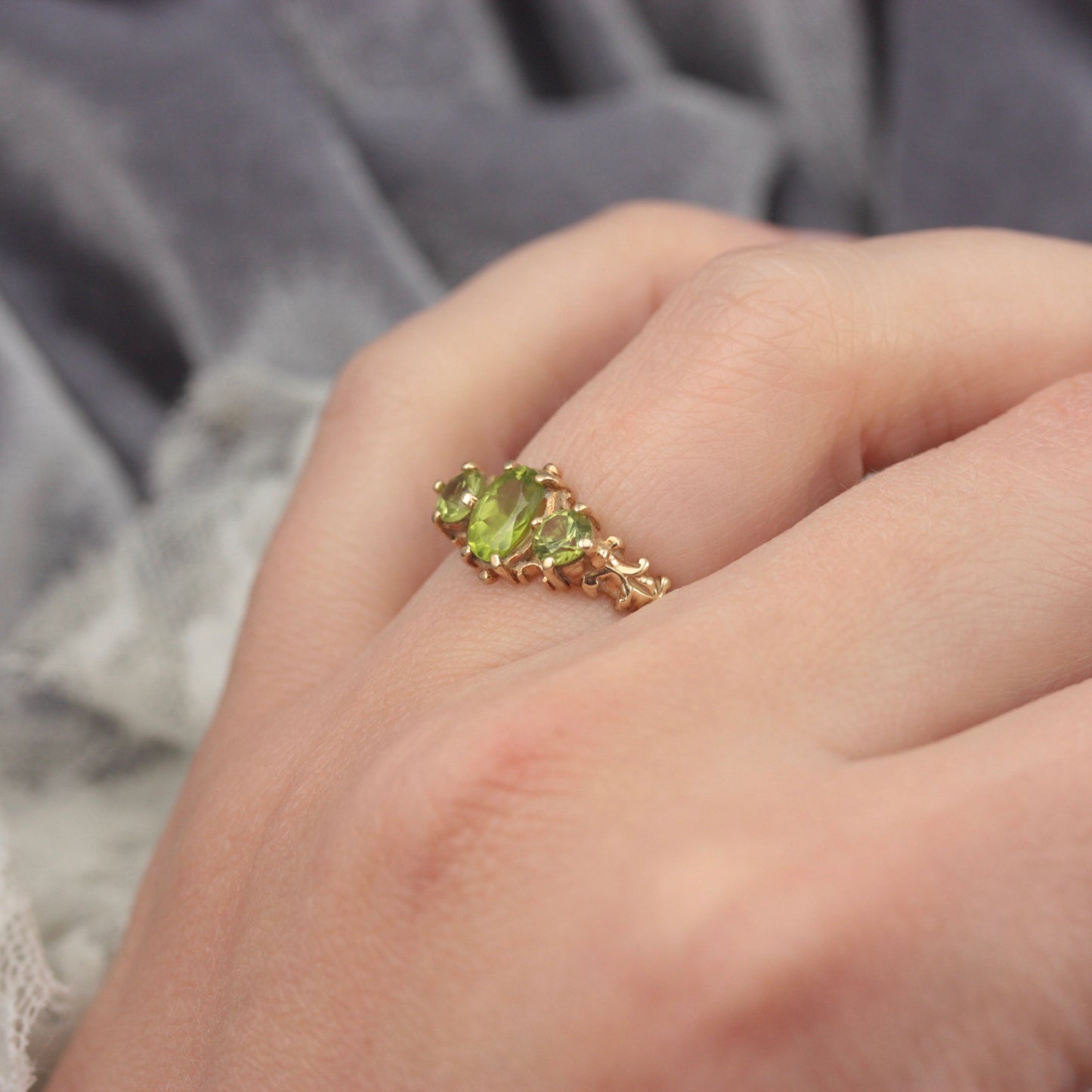 Vintage 9ct Gold and Peridot 3 Stone Ring, 1990