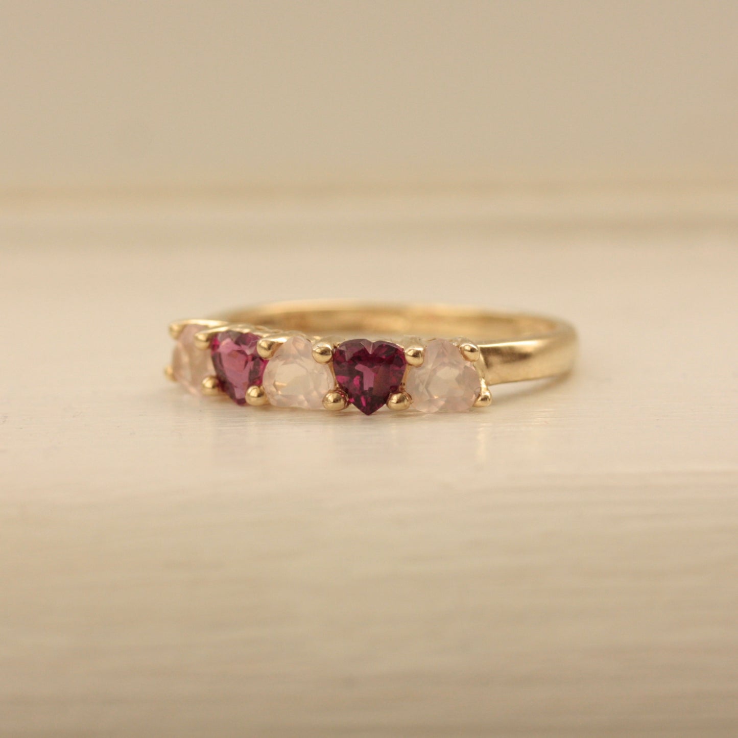 garnet rose quartz hearts ring