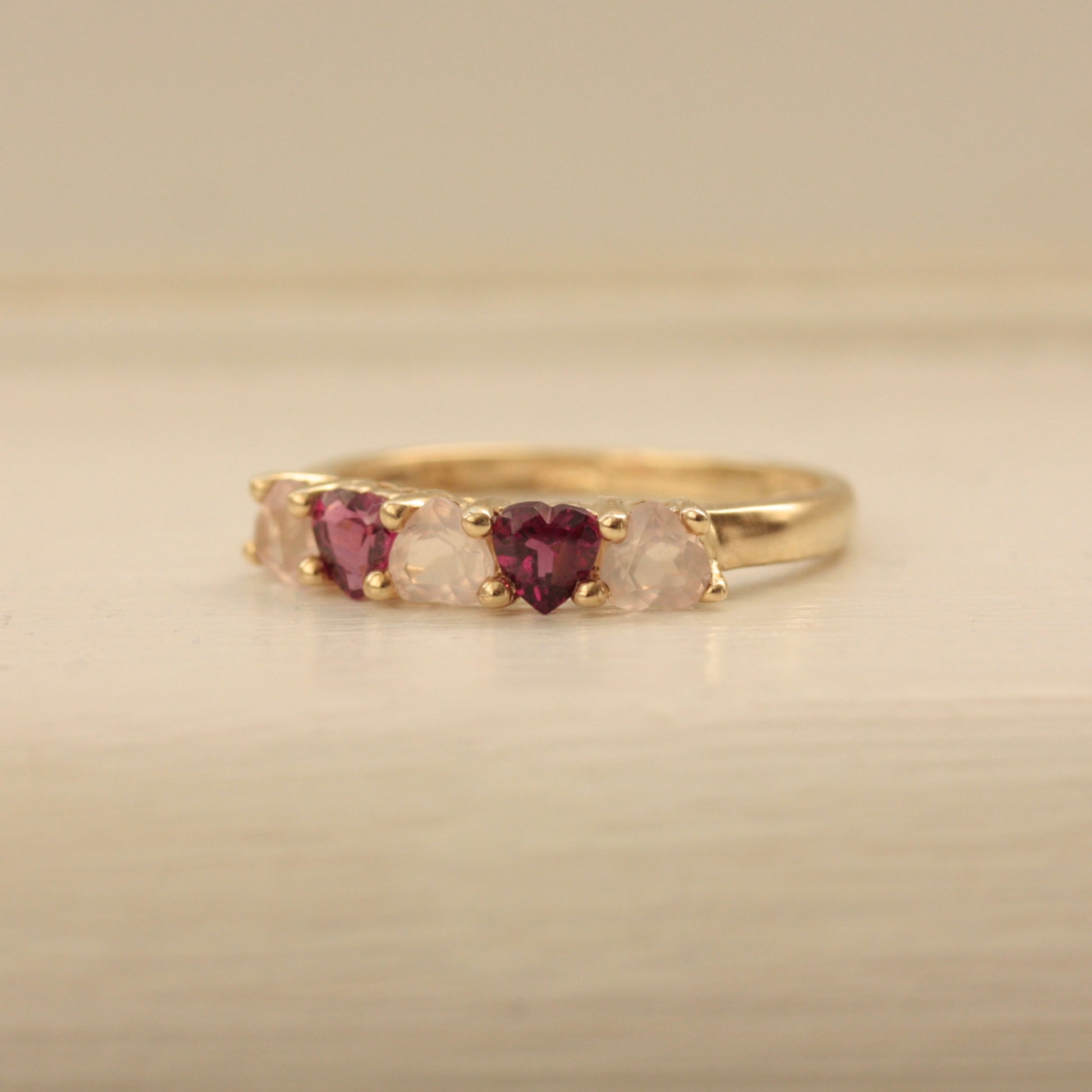 garnet rose quartz hearts ring
