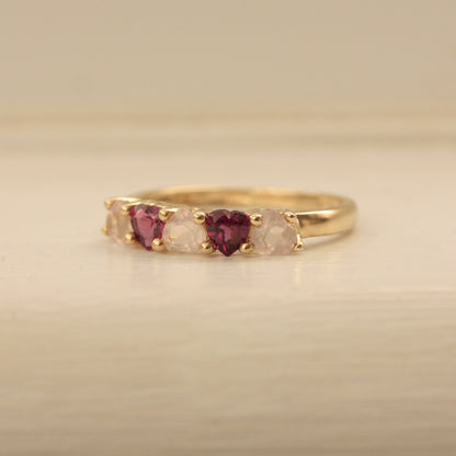 garnet rose quartz hearts ring