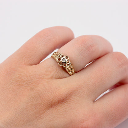 Vintage 9ct Gold Flower Design Ring with Diamond, 1976