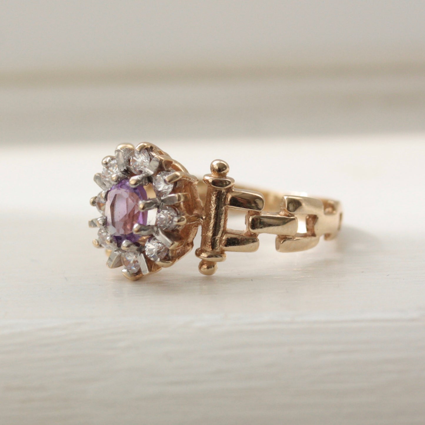 Vintage 9ct Gold Amethyst & CZ Cluster Ring, 1990