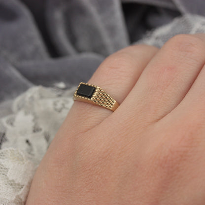 Vintage 9ct Gold Onyx Bar Textured Signet Ring, 1990