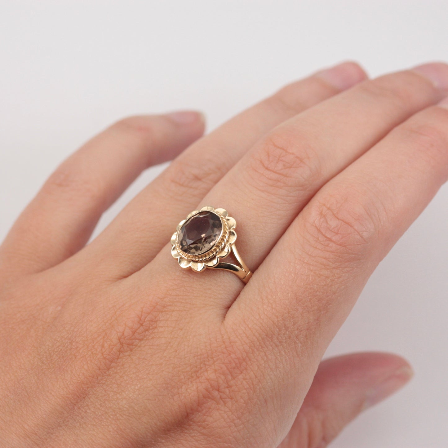 Vintage Yellow Gold Smokey Quartz Fancy Frame Ring