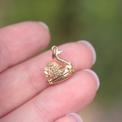Vintage 9ct Gold Opening Swan Charm with Ballerina Inside, 1987