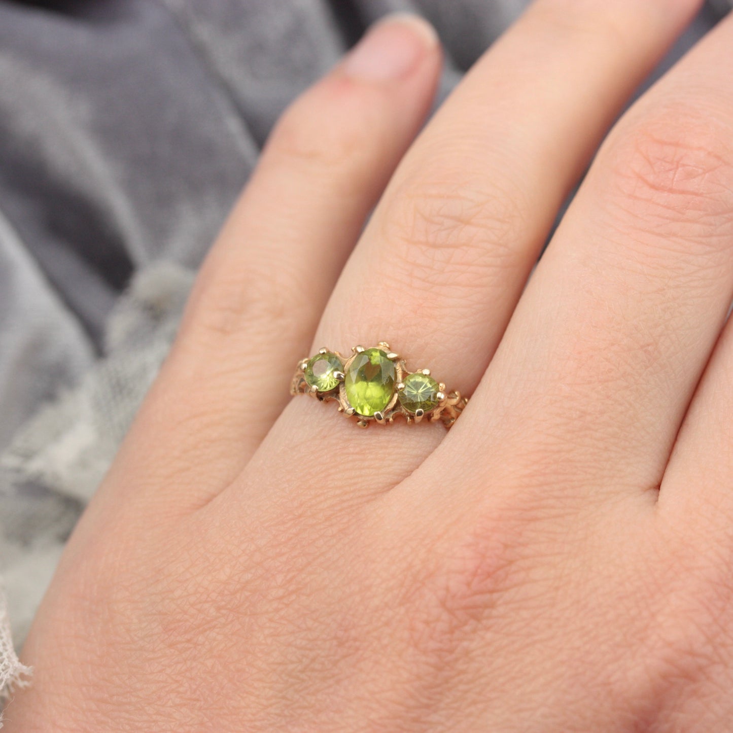 Vintage 9ct Gold and Peridot 3 Stone Ring, 1990