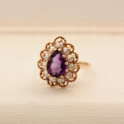 vintage 9ct gold amethyst pearl cluster ring