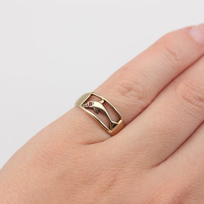 9ct gold garnet dolphin cut out ring