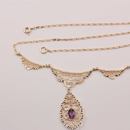 Vintage 9ct Gold Filigree Panel Necklace with Amethyst, 1994