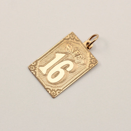Vintage 9ct Gold 'SWEET 16' Etched Plaque Pendant, 1995