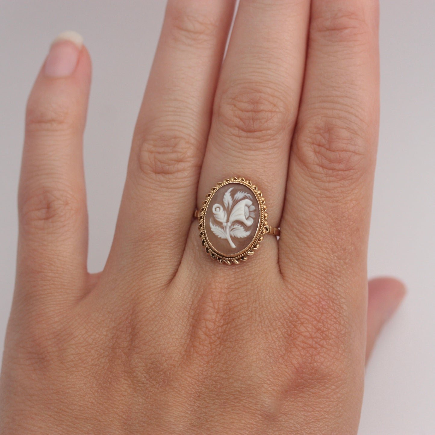floral shell cameo ring