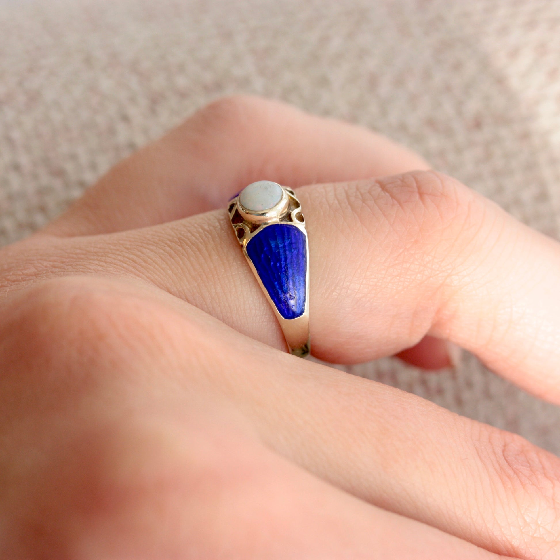 vintage 9ct gold blue guilloche enamel opal ring
