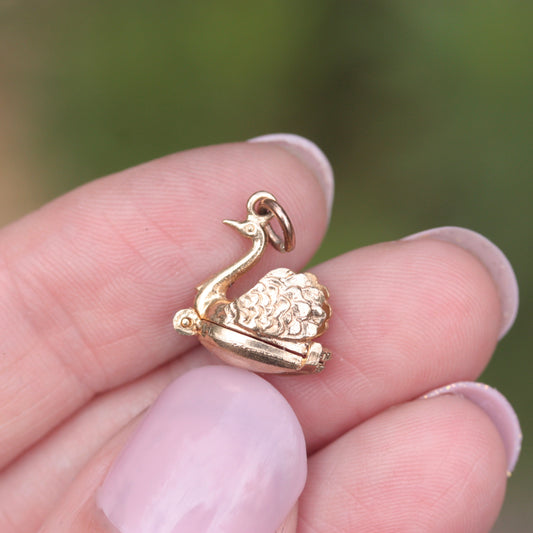 Vintage 9ct Gold Opening Swan Charm with Ballerina Inside, 1987