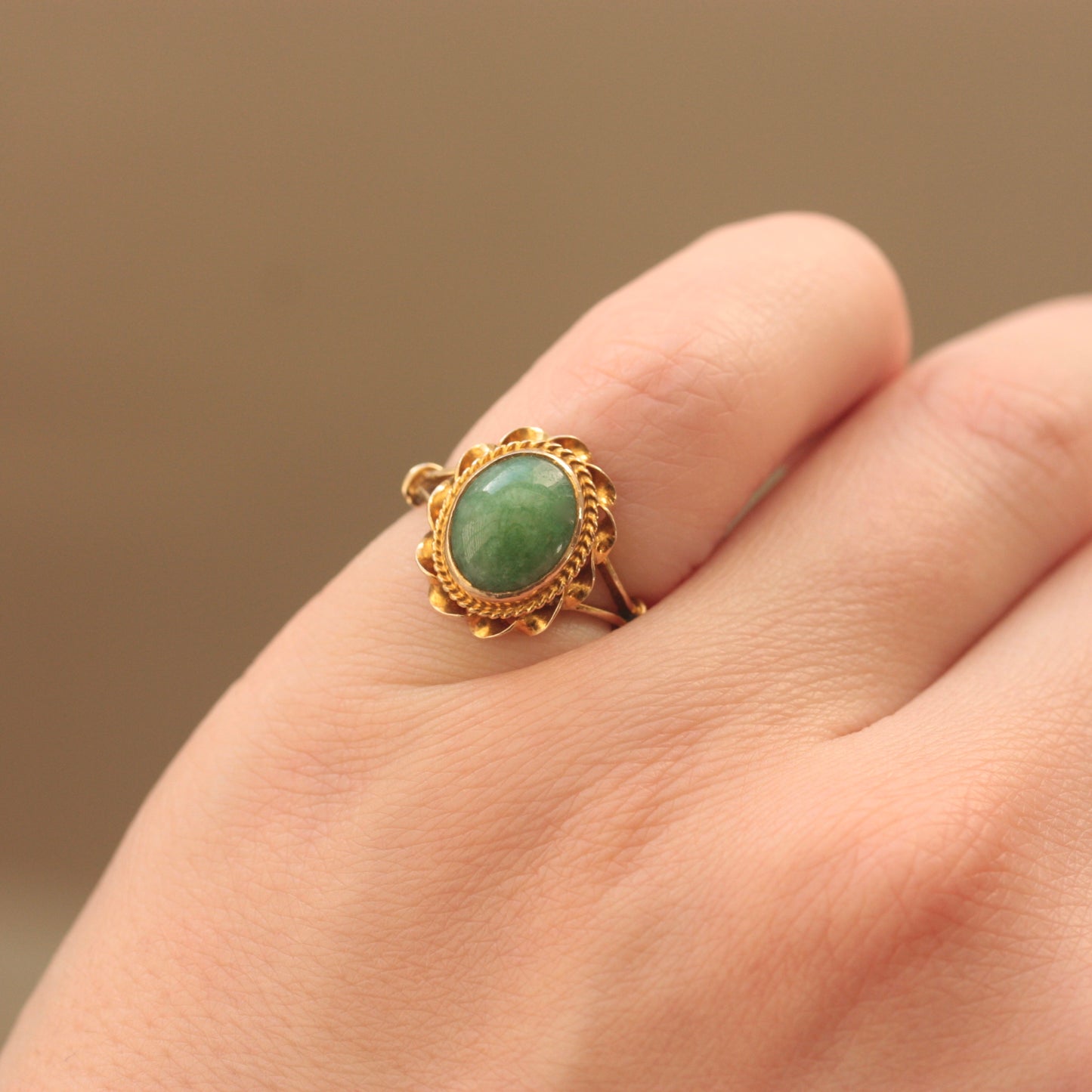 Vintage 9ct Gold and Green Jade Solitaire Ring, 1968