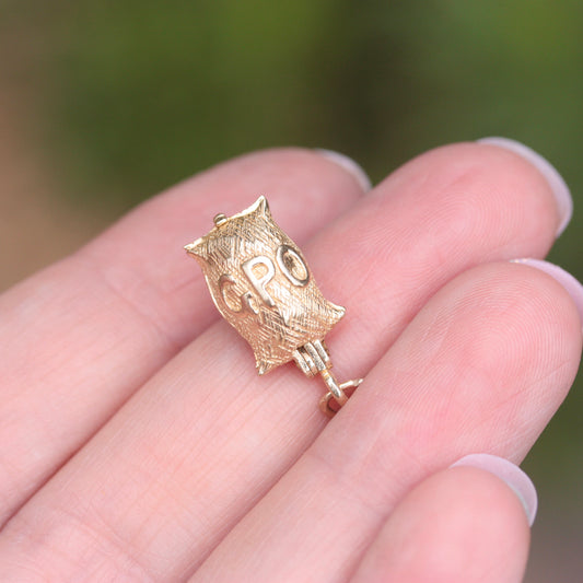 vintage 9ct gold opening mail bag charm with love letter