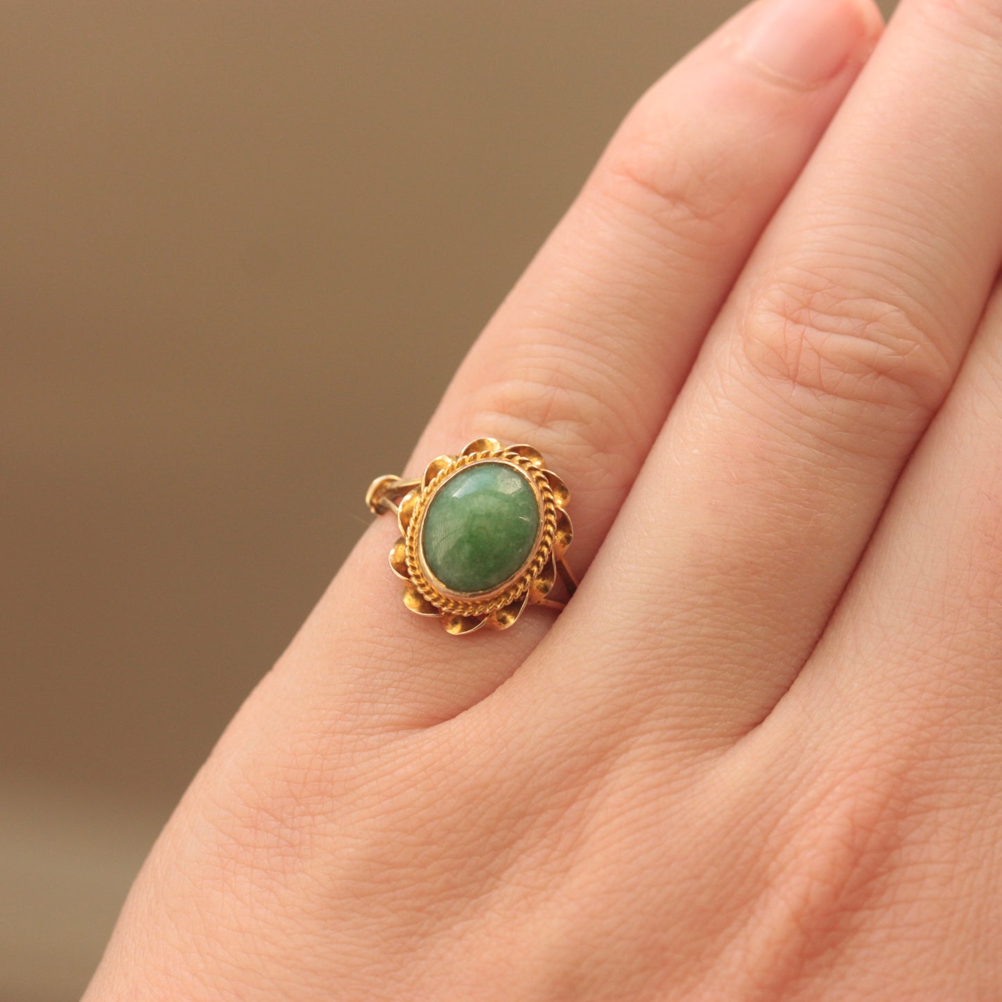 Vintage 9ct Gold and Green Jade Solitaire Ring, 1968