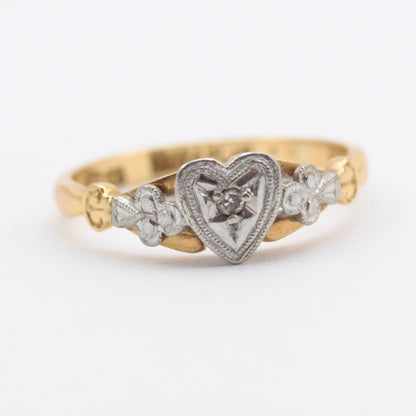Vintage 18ct Gold + Platinum Floral Heart Ring with Diamond