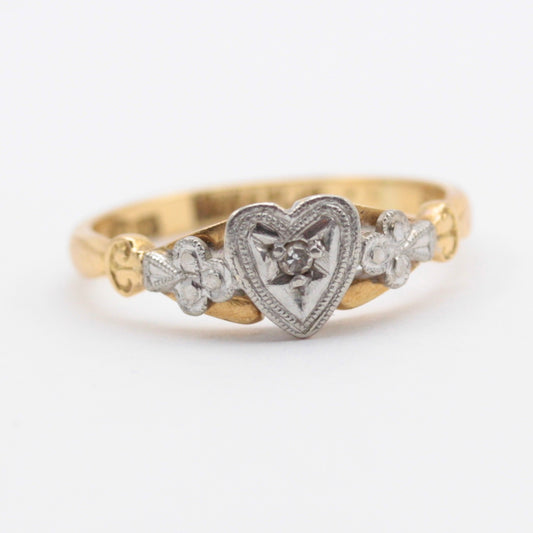 Vintage 18ct Gold + Platinum Floral Heart Ring with Diamond