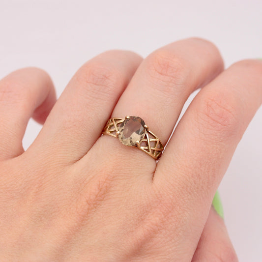 Vintage 9ct Gold Smoky Quartz Basket Weave Ring, 1979
