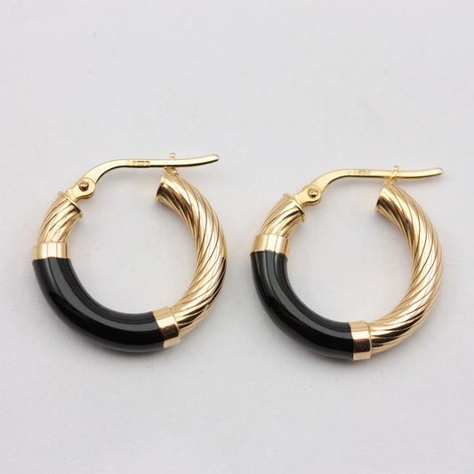 Vintage 9ct Gold & Black Enamel Hoop Earrings, 1993