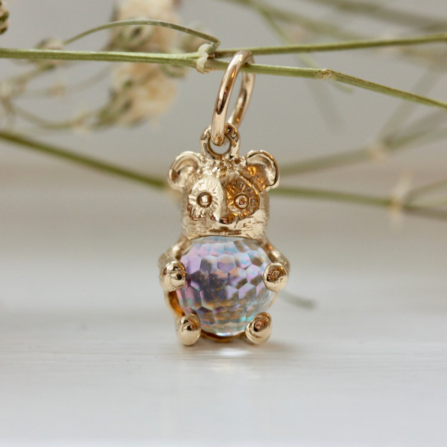Tiny Vintage 9ct Gold Teddy Bear Charm with Aurora Borealis Crystal Belly, 1989