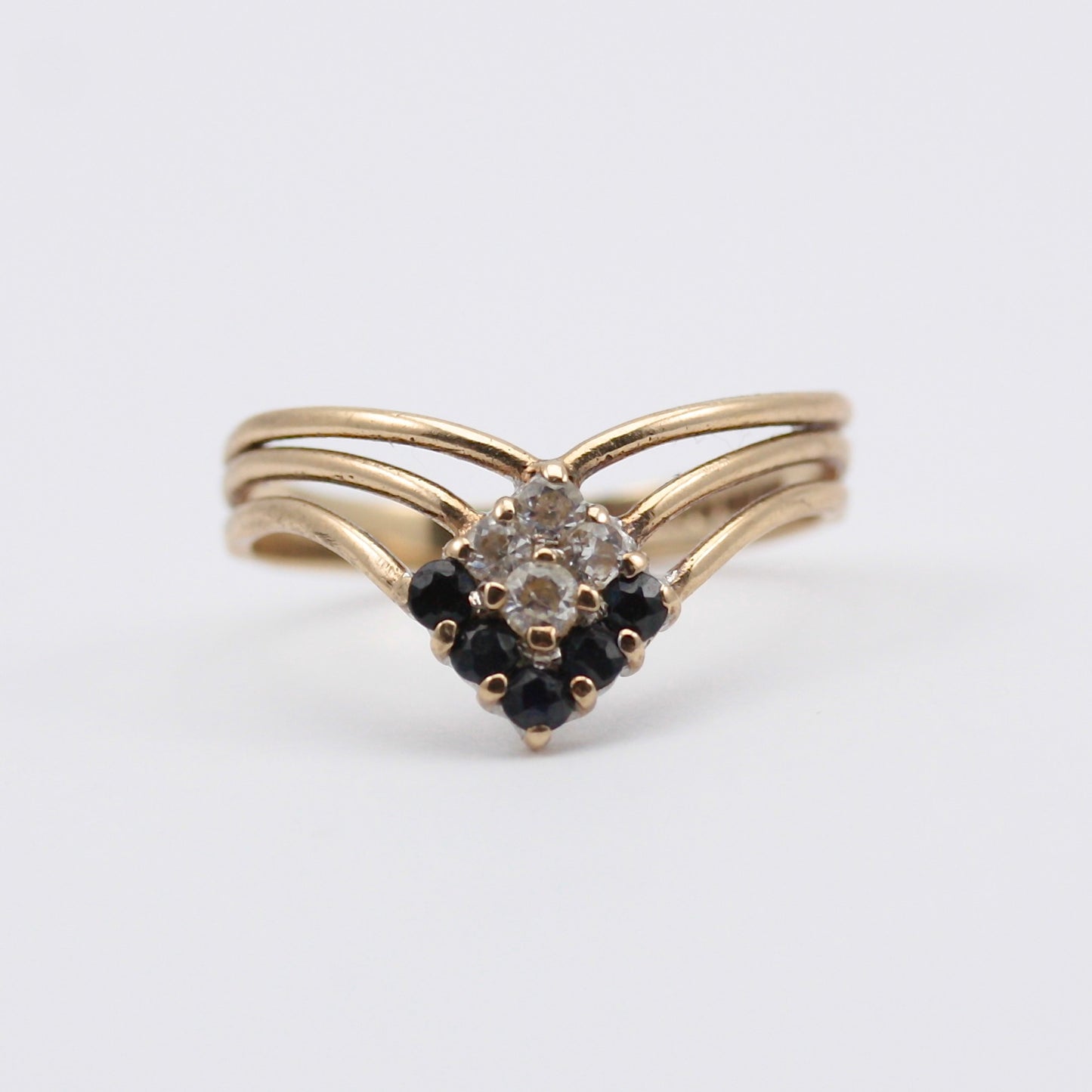 Vintage 9ct Gold Black and White CZ Wishbone Ring, 1988