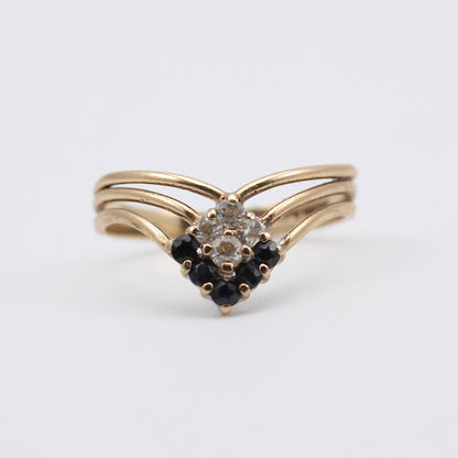 Vintage 9ct Gold Black and White CZ Wishbone Ring, 1988