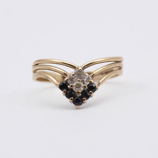 Vintage 9ct Gold Black and White CZ Wishbone Ring, 1988