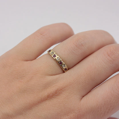 Vintage 9ct Gold Ruby & Diamond Hearts Half Eternity Band Ring, 1986