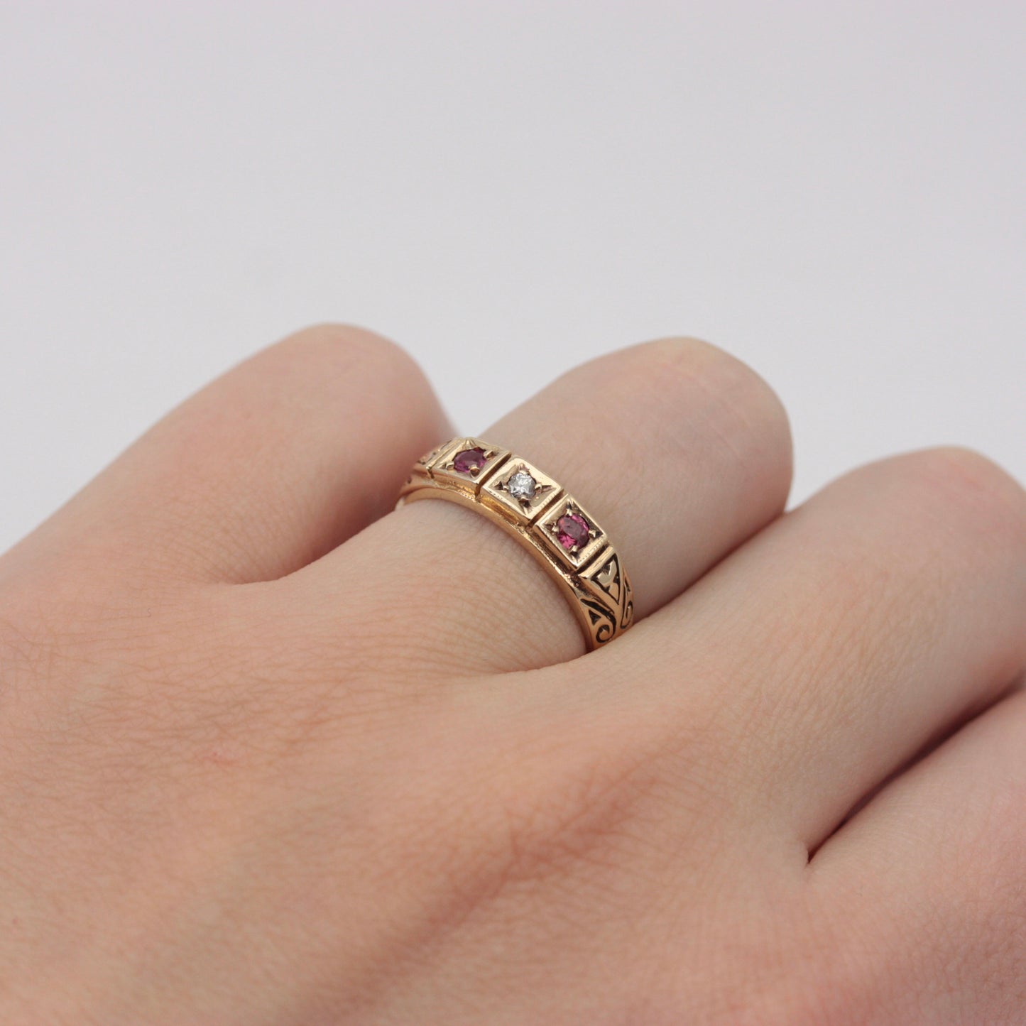 Vintage 9ct Gold Ruby & Diamond 3 Stone Band Ring, 1979