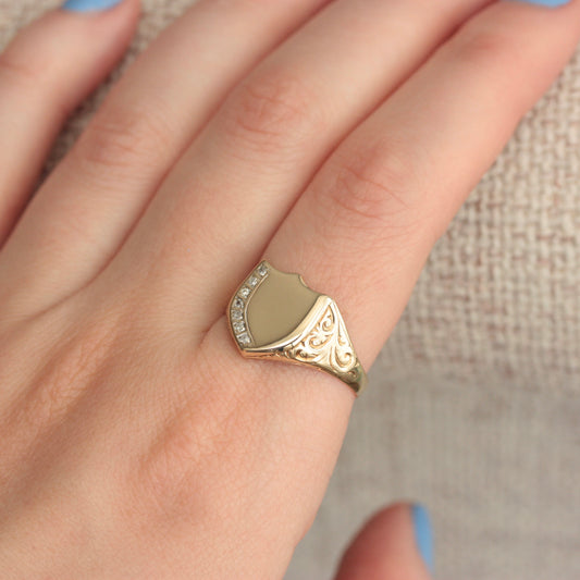 Vintage 9ct Gold Shield Signet Ring with Diamonds, 1993