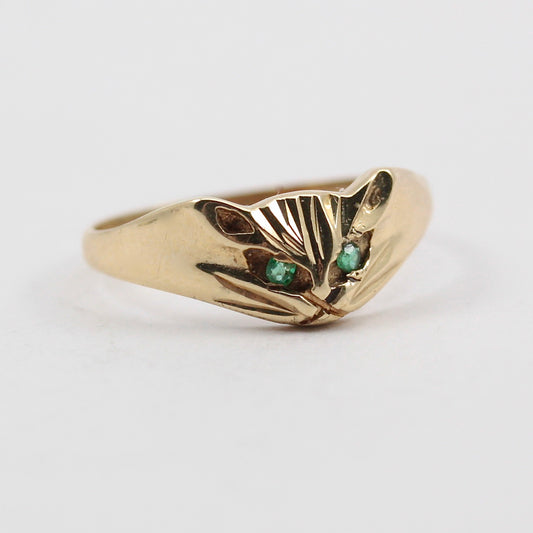 Vintage 9ct Gold Cat Ring with Emerald Eyes, 1988