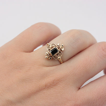 Vintage 9ct Gold Fancy Framed Onyx Ring, 1994