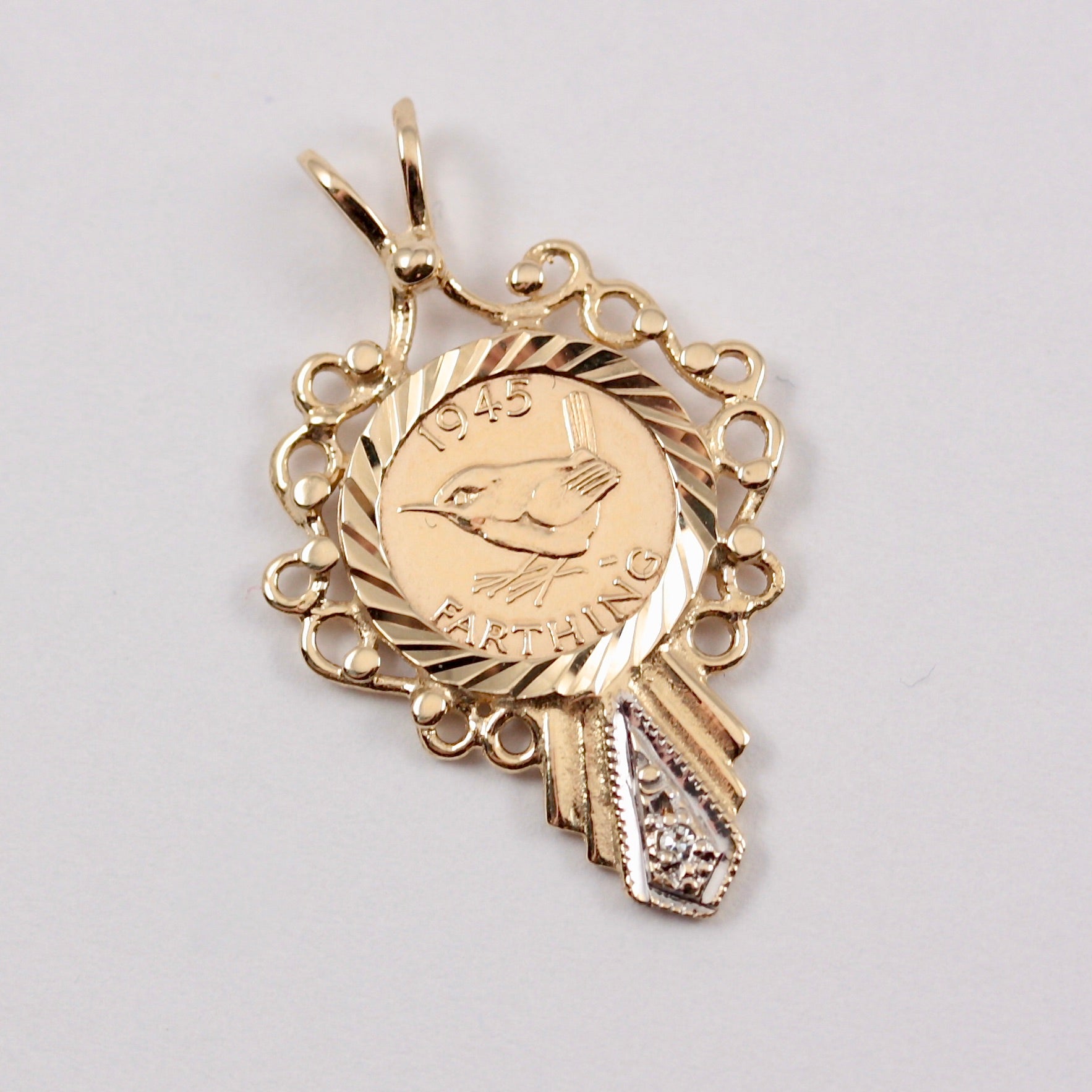 Vintage 9ct Gold Framed Farthing Coin Style Pendant with Diamond, 1991