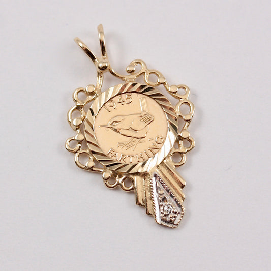 Vintage 9ct Gold Framed Farthing Coin Style Pendant with Diamond, 1991