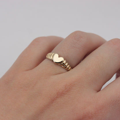 Vintage 9ct Gold Ridged Heart Signet Ring, 1980
