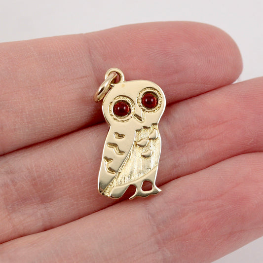 Vintage 9ct Gold Owl Pendant with Garnet Eyes