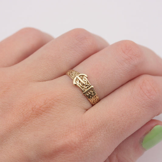 Vintage 9ct Gold Patterned Buckle Ring, 1990